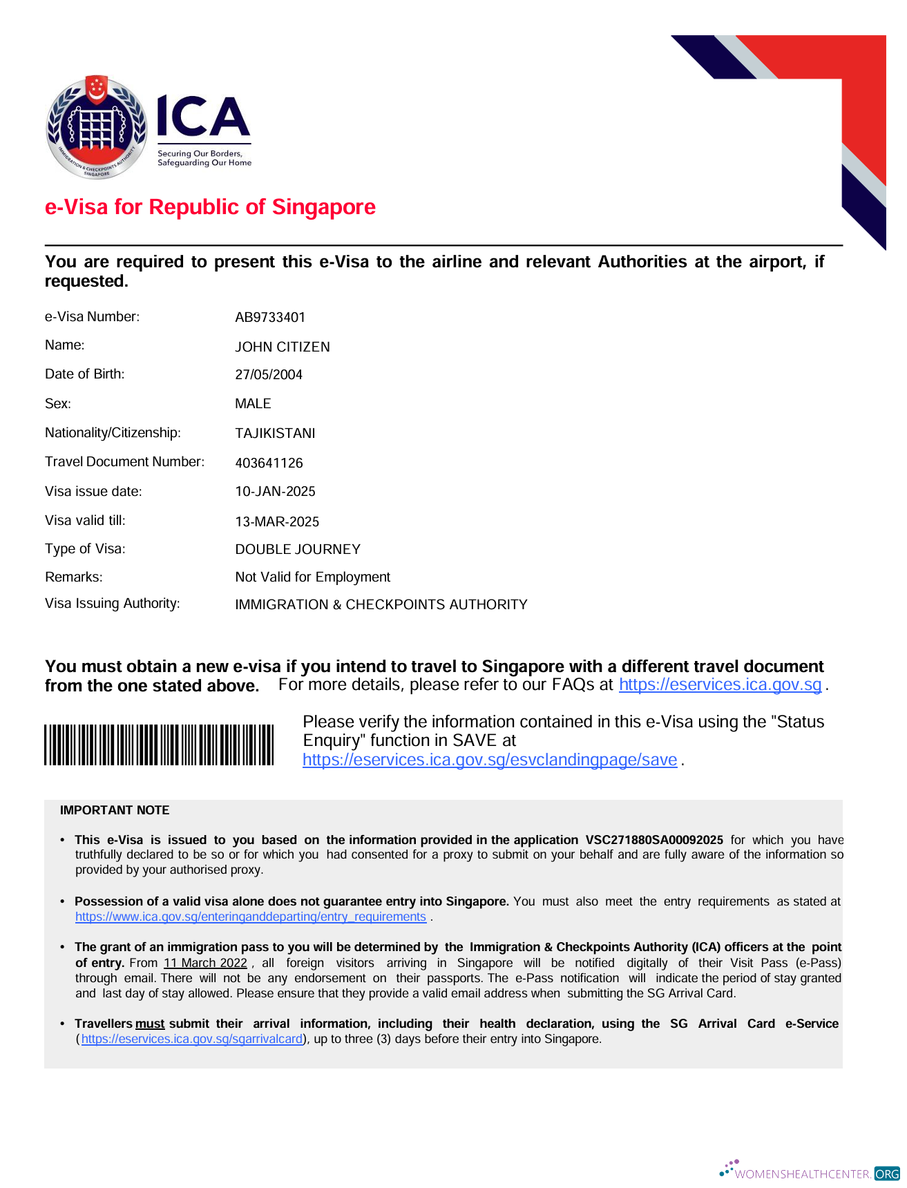 Download Singapore e visa template in Word and PDF formats, version 2 Photoshop template